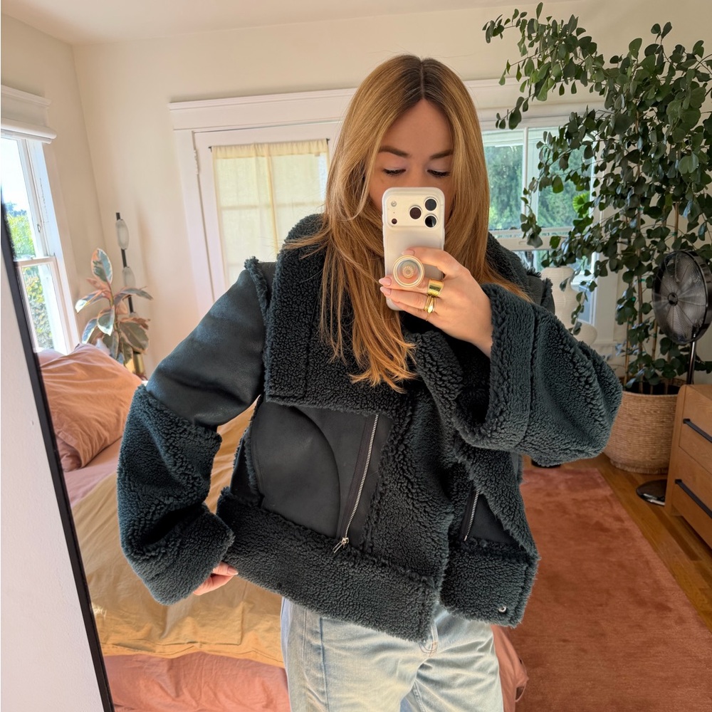 Saint Art New York | Marlise Faux Shearling Moto Jacket in Bottle Green